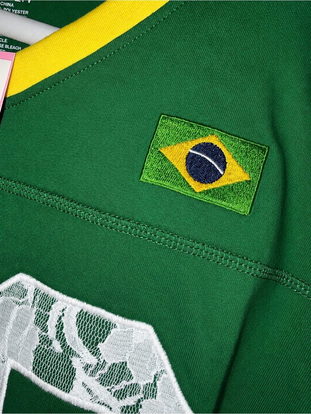 Zoe + Liv Brazil Green '92' Lace-Panel V-Neck Jersey with Yellow Trim - Picture 5 of 7